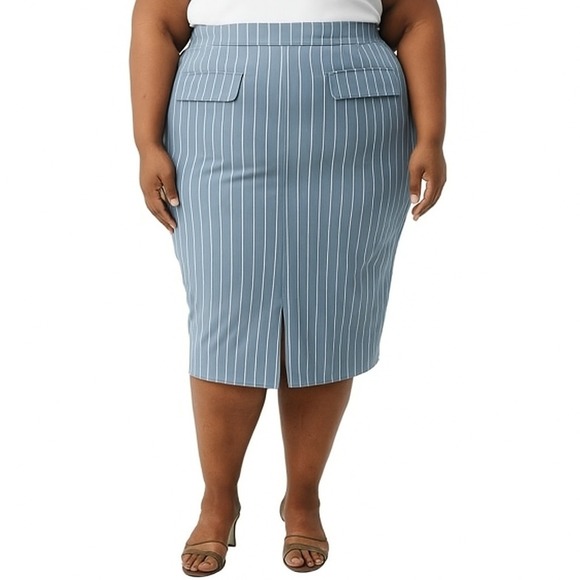 NY&C Skirt Plus 2X Blue White Vertical Stripe Front Slit Ruched Waist Midi NEW - Picture 1 of 13